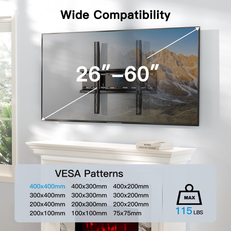 PERLESMITH Fixed TV Wall Mount Bracket, Low Profile Design for Most 26-60 inch LED LCD OLED-4K Flat Screen TVs up to 115lb, Ultra Slim Fixed TV Mount with Max VESA 400x400mm Fits 16 inch Wood Stud - Image 2